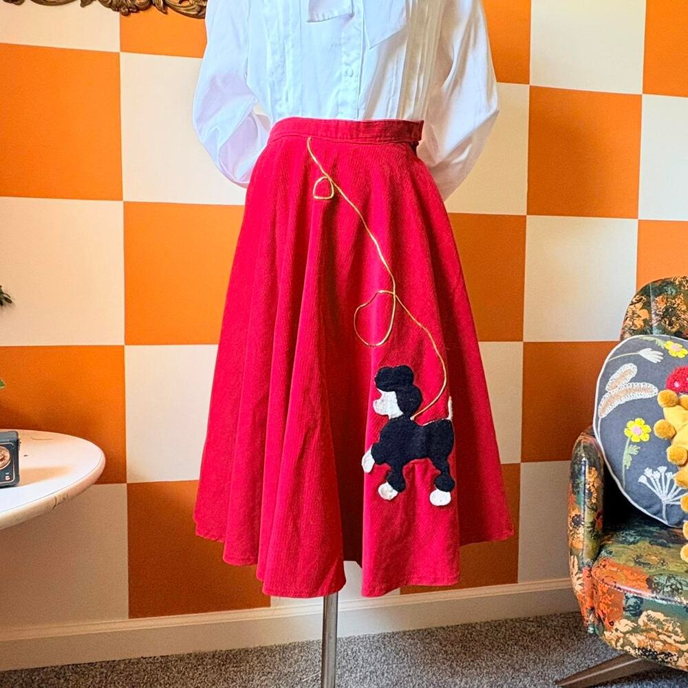 50s Vintage Red Corduroy Poodle Skirt with Gold Detail